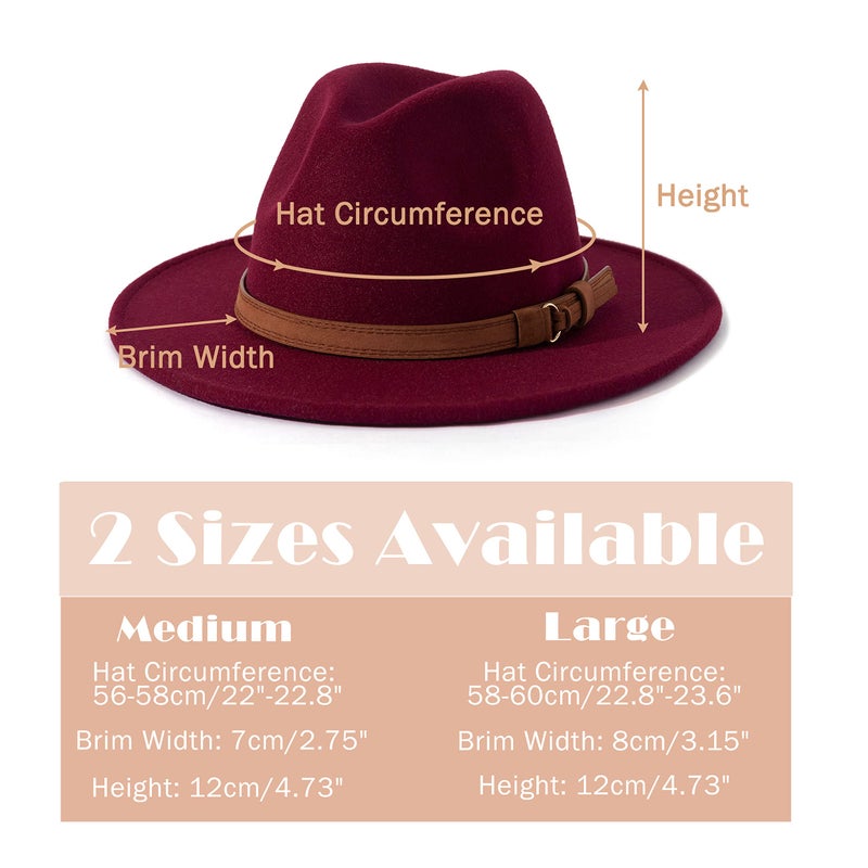 Lisianthus Men & Women Vintage Wide Brim Fedora Hat with Belt Buckle A-Wine 56-58cm - Image 4